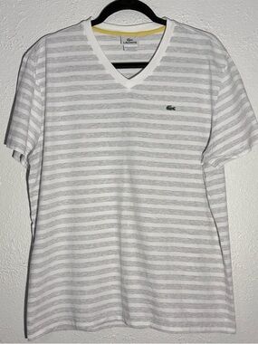 LACOSTE Gray & White Striped 100% Cotton Short Sleeve Casual T-Shirt Size L
